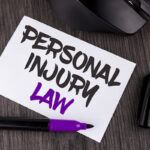 Handwriting text writing Personal Injury Law. Concept meaning guarantee your rights in case of hazards or risks written on White Sticky Note Paper on the wooden background Mouse Markers