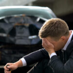 Drunk upset male driver holding bottle sitting street on crashed car background