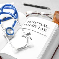 Book with words PERSONAL INJURY LAW and stethoscope on table