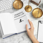 Woman turning page of book with words PERSONAL INJURY LAW at table, closeup