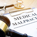 Clipboard with documents about medical malpractice and gavel.
