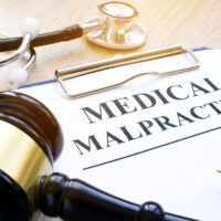 Clipboard with documents about medical malpractice and gavel.