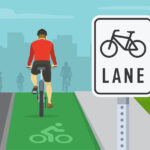 Bicycle driving tips. Back view of people cycling on bike path. City bike lane traffic or road sign. Flat vector illustration template.