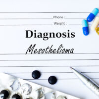 Mesothelioma -  Diagnosis written on a piece of white paper with medication and Pills